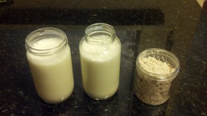 This recipe produced two 24-oz jars of almond milk, plus about 2 cups of pulp, on the right.