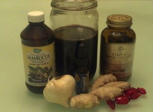 Elderberry syrup (store-bought and homemade); garlic, ginger, Vitamin C and zinc losenges